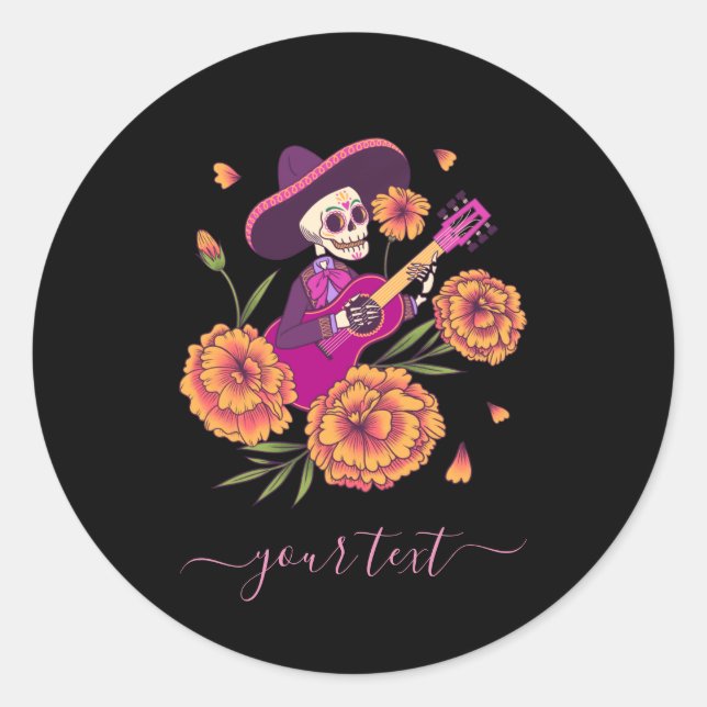 Funny Skeleton Playing Guitar Modern Trendy Text Classic Round Sticker (Front)