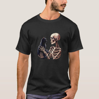 Funny Skeleton Playing With A Cat Graphic Skull Ca T-Shirt