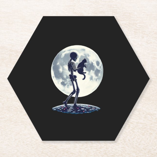Funny Skeleton playing with A Cute Cat Skull Hallo Paper Coaster (Front)