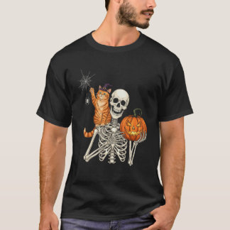 Funny Skeleton Pumpkin Cat Halloween Cat Lover Men T-Shirt