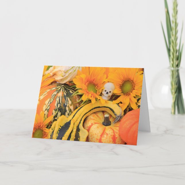 Funny Skeleton, Pumpkin, Sunflower, Halloween Card (Front)