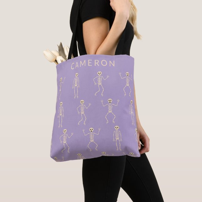 Funny Skeleton Purple Personalized Name Halloween Tote Bag (Close Up)