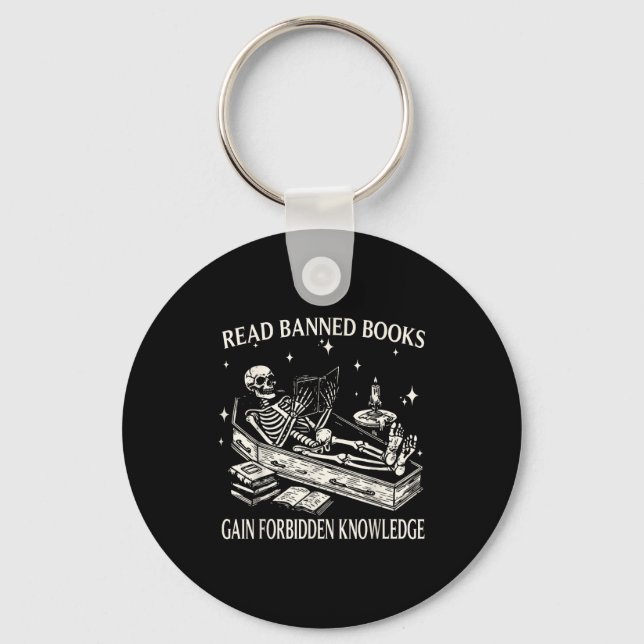 Funny Skeleton Read Banned Books Gain Forbidden Kn Keychain (Front)