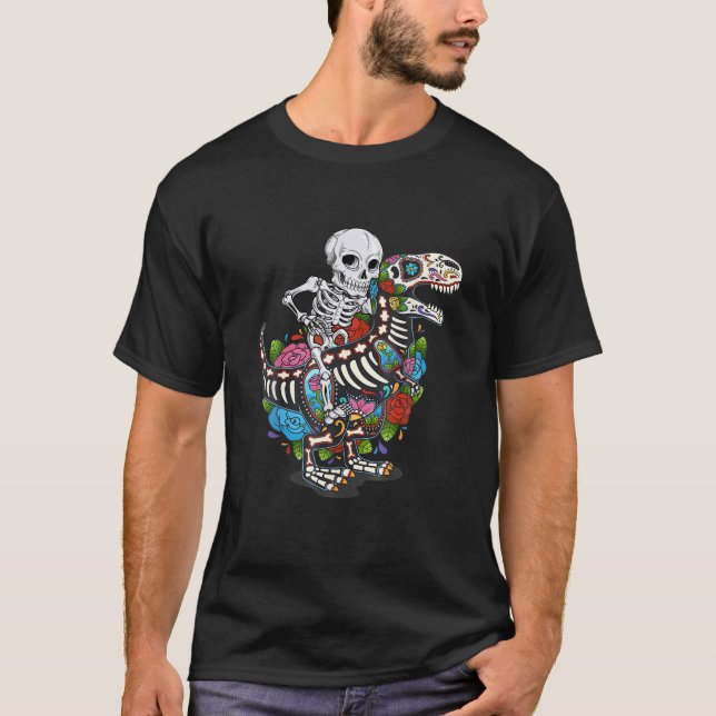 Funny Skeleton Riding Dinosaur T Rex Dia De Los Mu T-Shirt (Front)