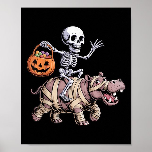 Funny Skeleton Riding Mummy Hip Lovers Halloween C Poster (Front)