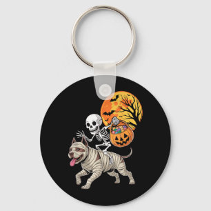 Funny Skeleton Riding Mummy Pitbull Dog Women Men Keychain