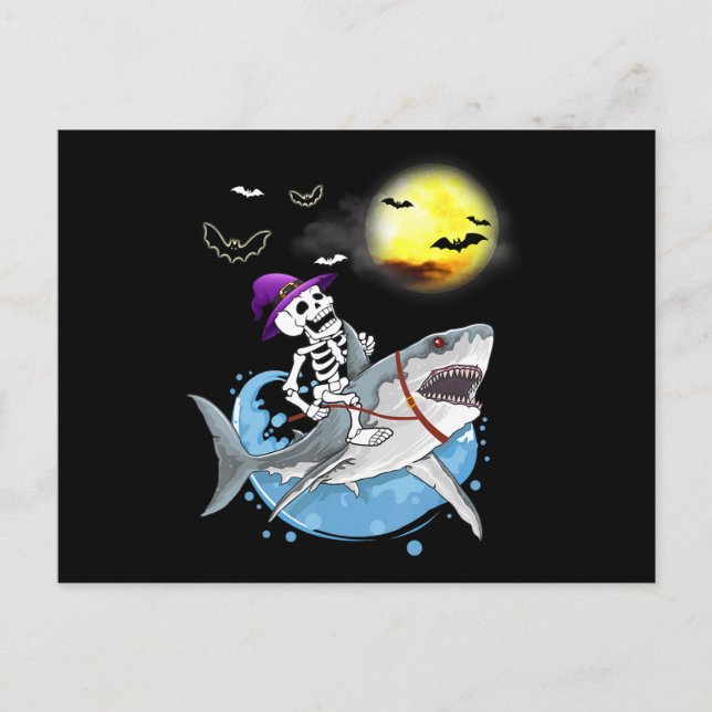 Funny Skeleton Riding Shark Halloween Boys Girls Invitation Postcard (Front)