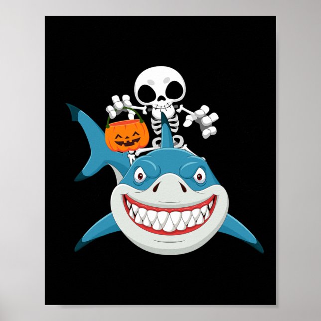 Funny Skeleton Riding Shark Jack O'lantern Pumpkin Poster (Front)