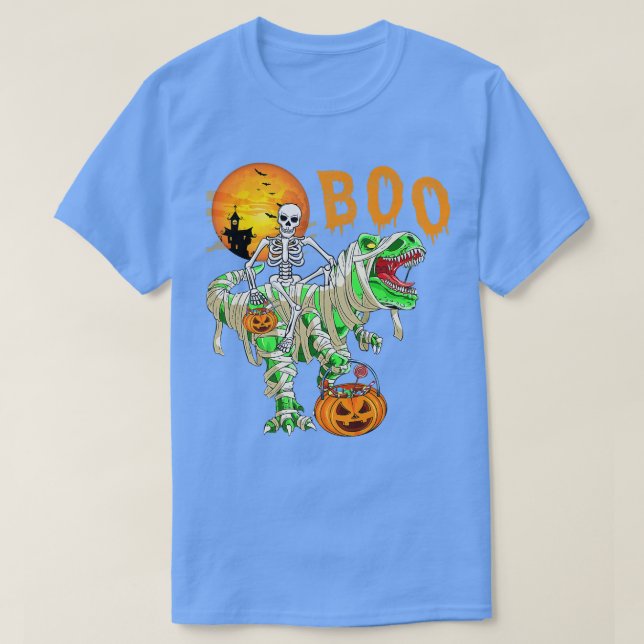 Funny Skeleton Riding Tre Dinosaur Pumpkin Hallowe T-Shirt (Design Front)