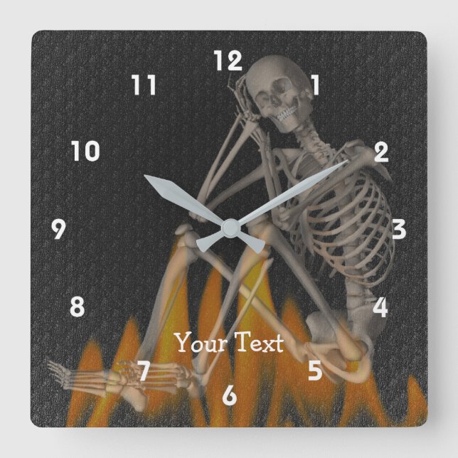 Funny Skeleton Sitting In Flames Personalized Square Wall Clock (Front)