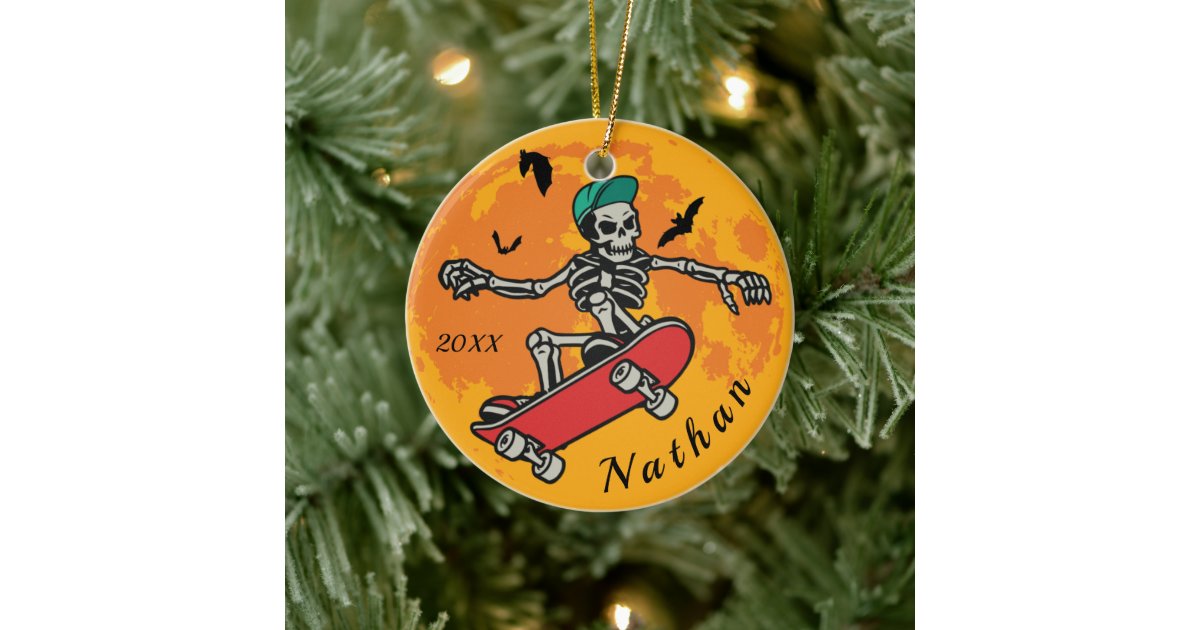 Funny Skeleton Skateboarding Halloween Moon Name Ceramic Ornament | Zazzle