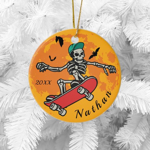 Funny Skeleton Skater Boy Name Ceramic Ornament