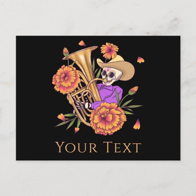 Funny Skeleton Skull Musician Floral Day Of Dead   Holiday Postcard (Front)