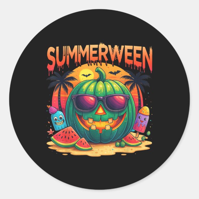 Funny Skeleton Summer Summerween Watermelon Jack-o Classic Round Sticker (Front)