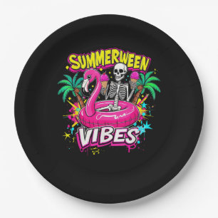 Funny Skeleton Summerween Vibes Flamingo Pool IceC Paper Plates
