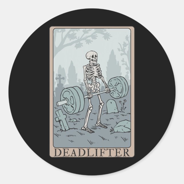 Funny Skeleton Tarot Card Deadlifter Bodybuilding  Classic Round Sticker (Front)