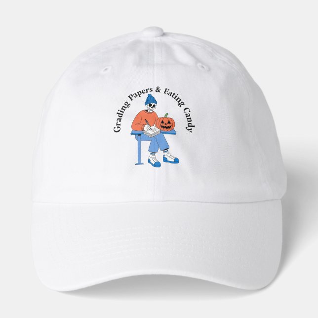 Funny Skeleton Teacher Grading Papers Halloween Hat (Front)