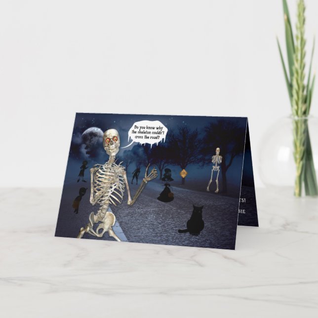Funny Skeleton Tells a Joke Halloween Card (Front)