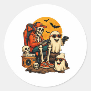 Funny Skeleton Video Game Halloween Gaming Gamer B Classic Round Sticker