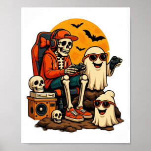 Funny Skeleton Video Game Halloween Gaming Gamer B Poster