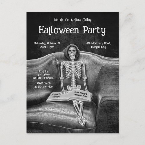 Funny Skeleton Vintage Gothic Halloween Party Invitation Postcard