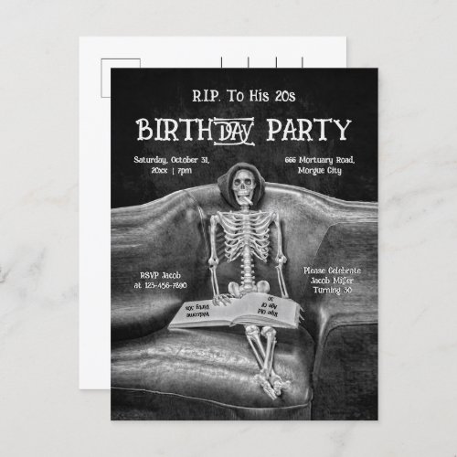 Funny Skeleton Vintage Gothic RIP To His 20s Invitation Postcard
