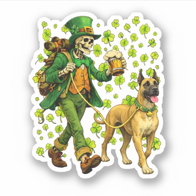 Funny Skeleton Walking Great Dane Gothic Dog Lover Sticker (Front)