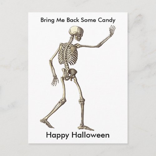 Funny Skeleton Waving Bring Back Candy Halloween Postcard