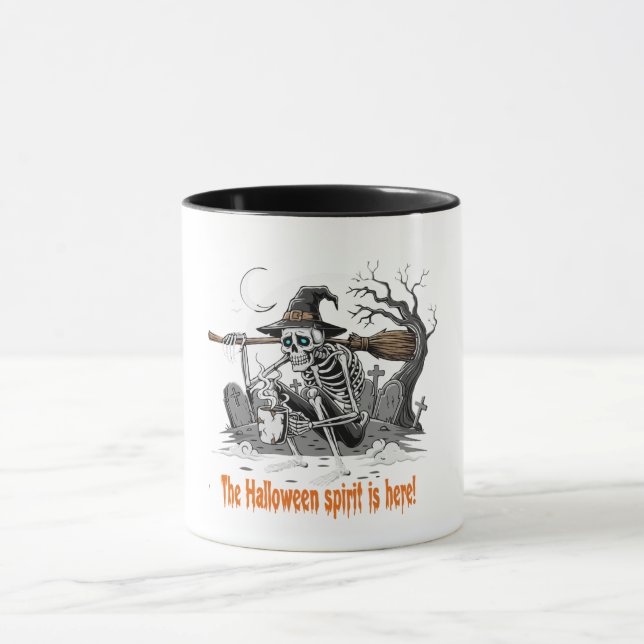 Funny Skeleton Witch Drinking Coffee | Spooky Hall Mug (Center)