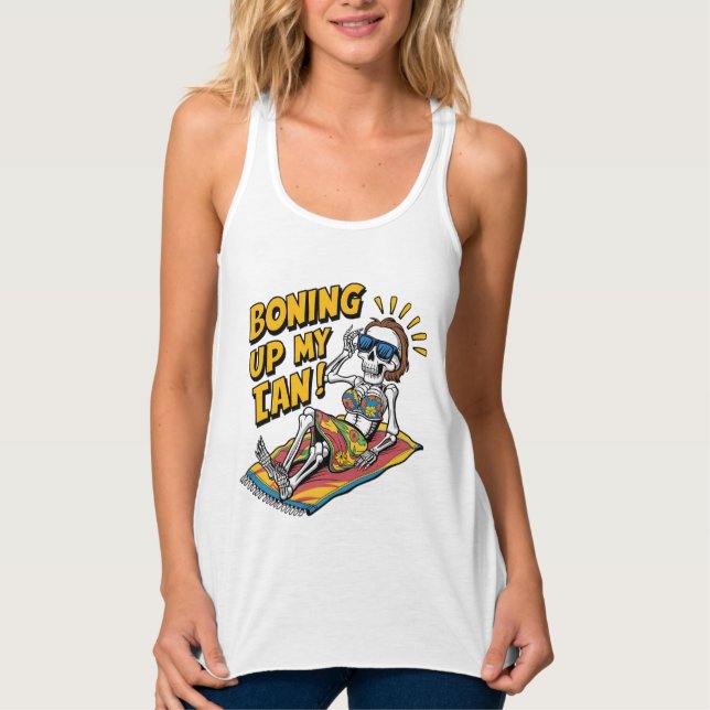 Funny skeleton word art beach tan tank top (Front)