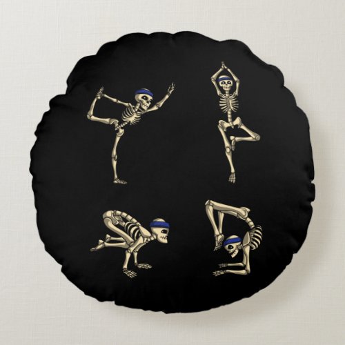 Funny Skeleton Yoga Workout Poses Halloween Round Pillow