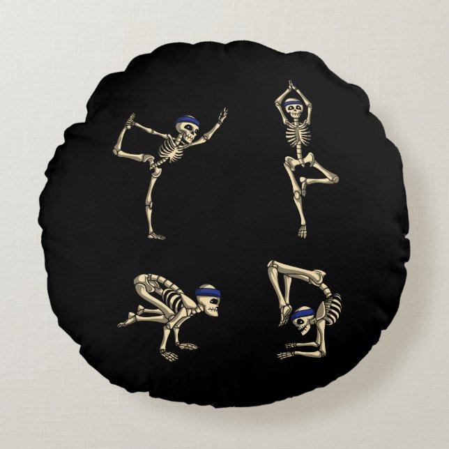 Funny Skeleton Yoga Workout Poses Halloween Round Pillow (Front)
