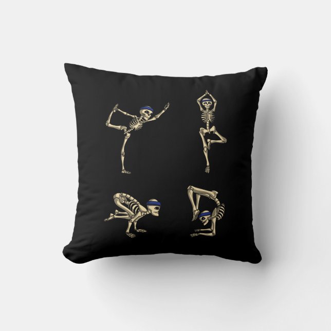 Funny Skeleton Yoga Workout Poses Halloween Throw Pillow (Front)
