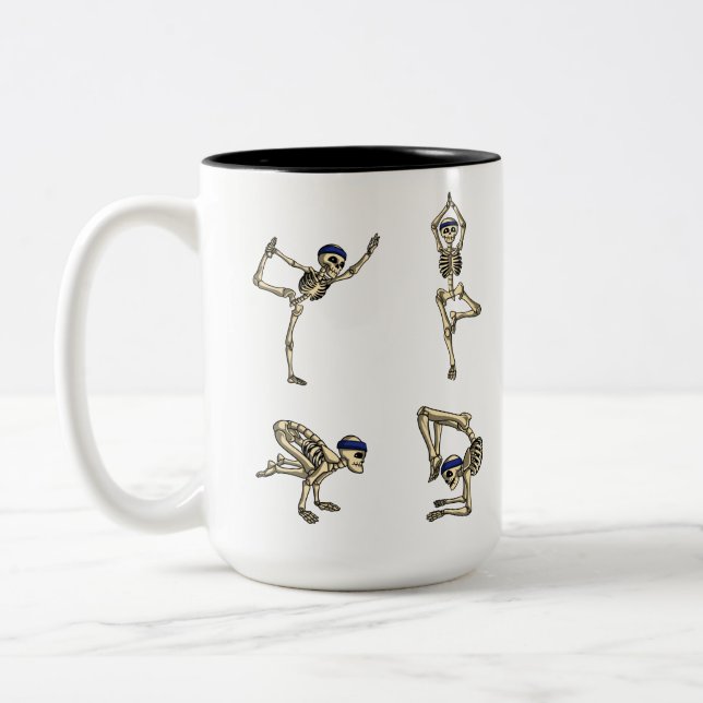 Funny Skeleton Yoga Workout Poses Halloween Two-Tone Coffee Mug (Left)