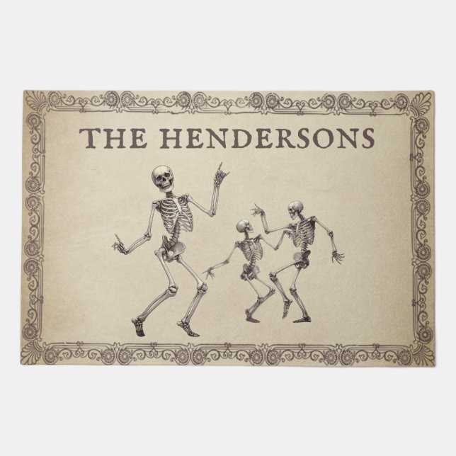Funny Skeletons Dancing Custom Name Halloween Doormat (Front)