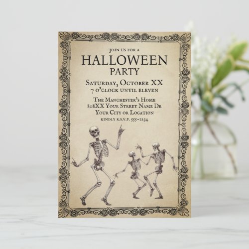 Funny Skeletons Dancing Vintage Halloween Party Invitation