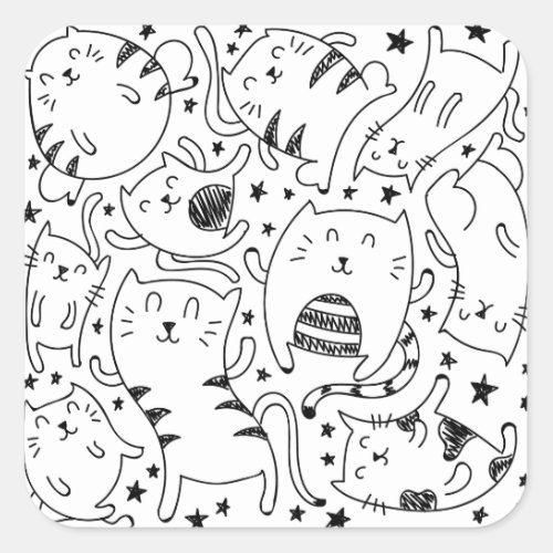 Funny sketchy dancing cats doodles pattern square sticker