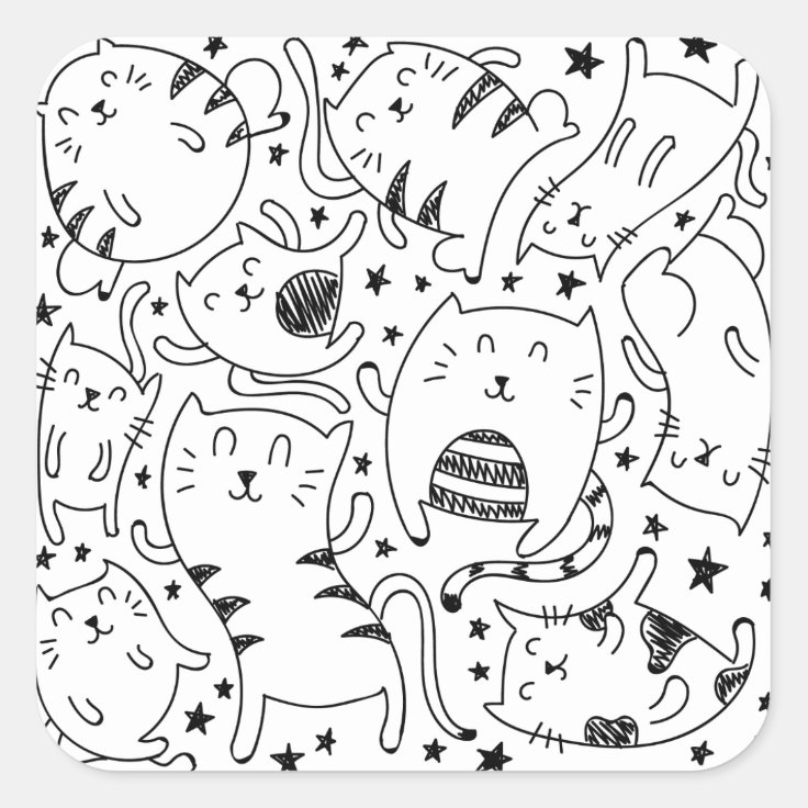 Funny Sketchy Dancing Cats Doodles Pattern Square Sticker 