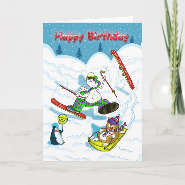 Funny skiing Birthday card, fat cat & Duncan Card (Front)