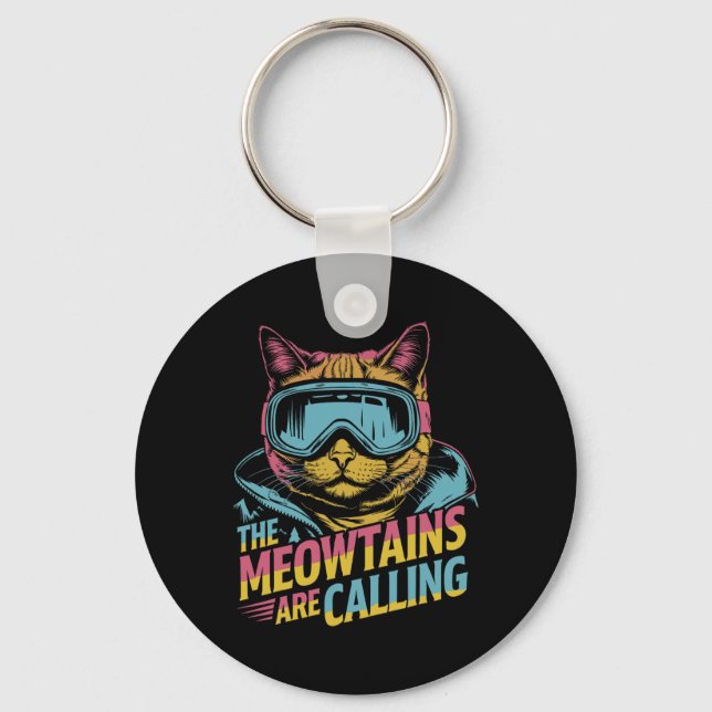 Funny Skiing Cat Gift Snowboarder Accessories Uni- Keychain (Front)