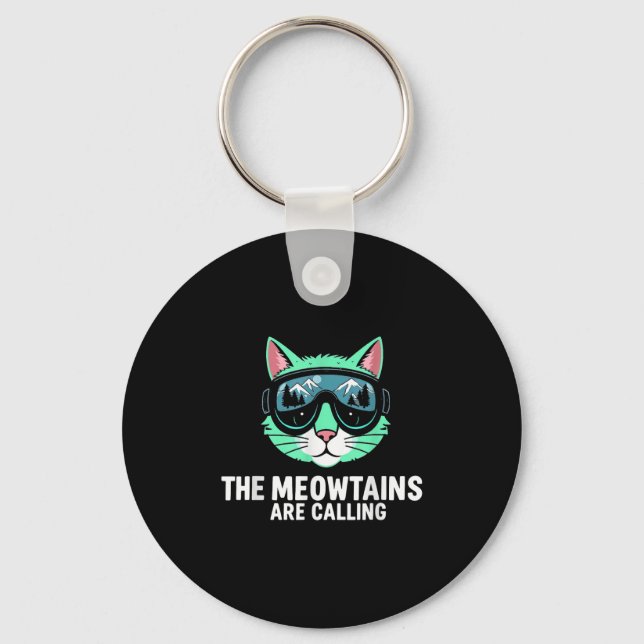 Funny Skiing Cat The Meowtains Are Calling Ski Gog Keychain (Front)