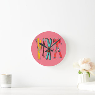 Funny Skiing Colorful Ski Skier Round Clock