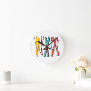 Funny Skiing Colorful Ski Skier Round Clock