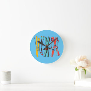 Funny Skiing Colorful Ski Skier Round Clock