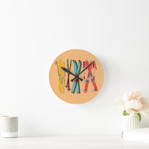 Funny Skiing Colorful Ski Skier  Round Clock