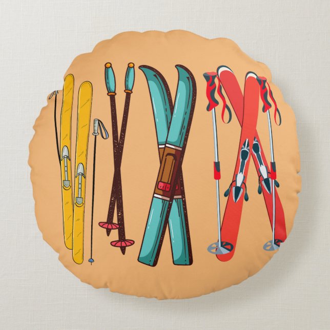 Funny Skiing Colorful Ski Skier  Round Pillow (Front)