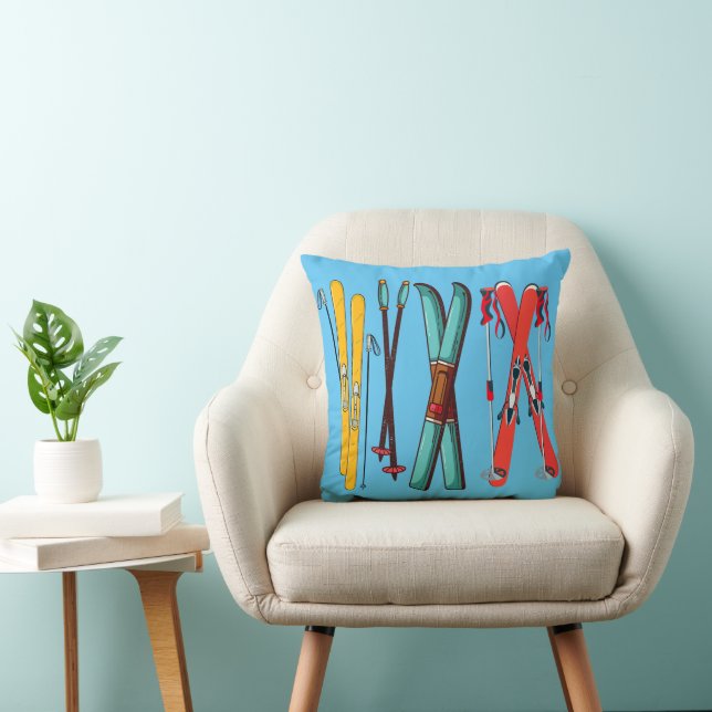 Funny Skiing Colorful Ski Skier  Throw Pillow (Chair)