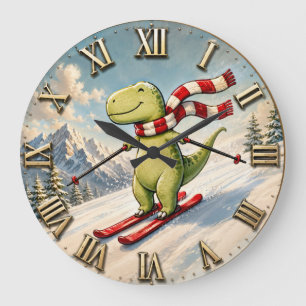Funny Skiing Dinosaur Cute Winter T-Rex Ski Large Clock