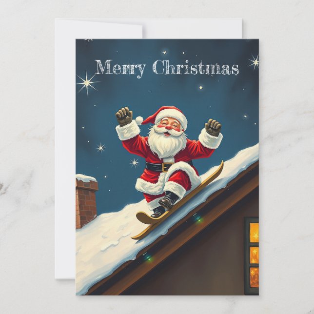 Funny Skiing Red Merry Christmas Santa Claus Holiday Card (Front)