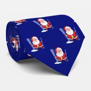 Funny Skiing Santa Claus Cartoon Pattern Navy Blue Neck Tie